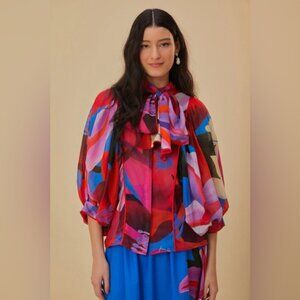 FARM RIO Watercolor Floral Blue Long Sleeve Blouse